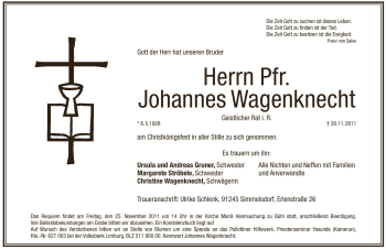 Traueranzeige von Johannes Wagenknecht von Pegnitz-Zeitung